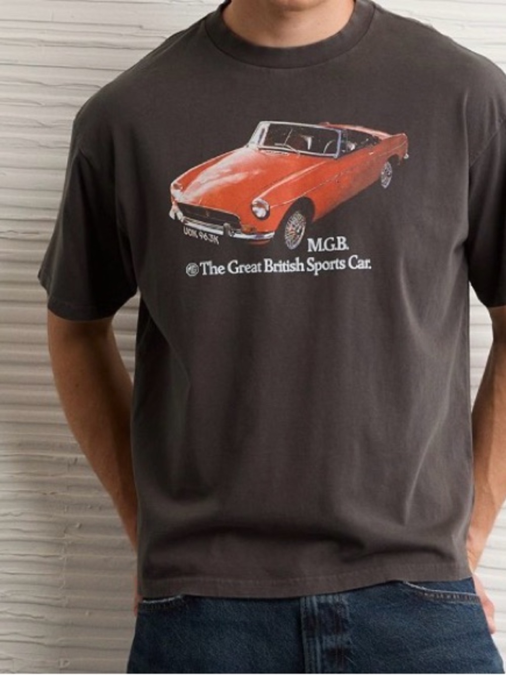 American Eagle Outfitters Men's Charcoal Tee with Red Car Graphic